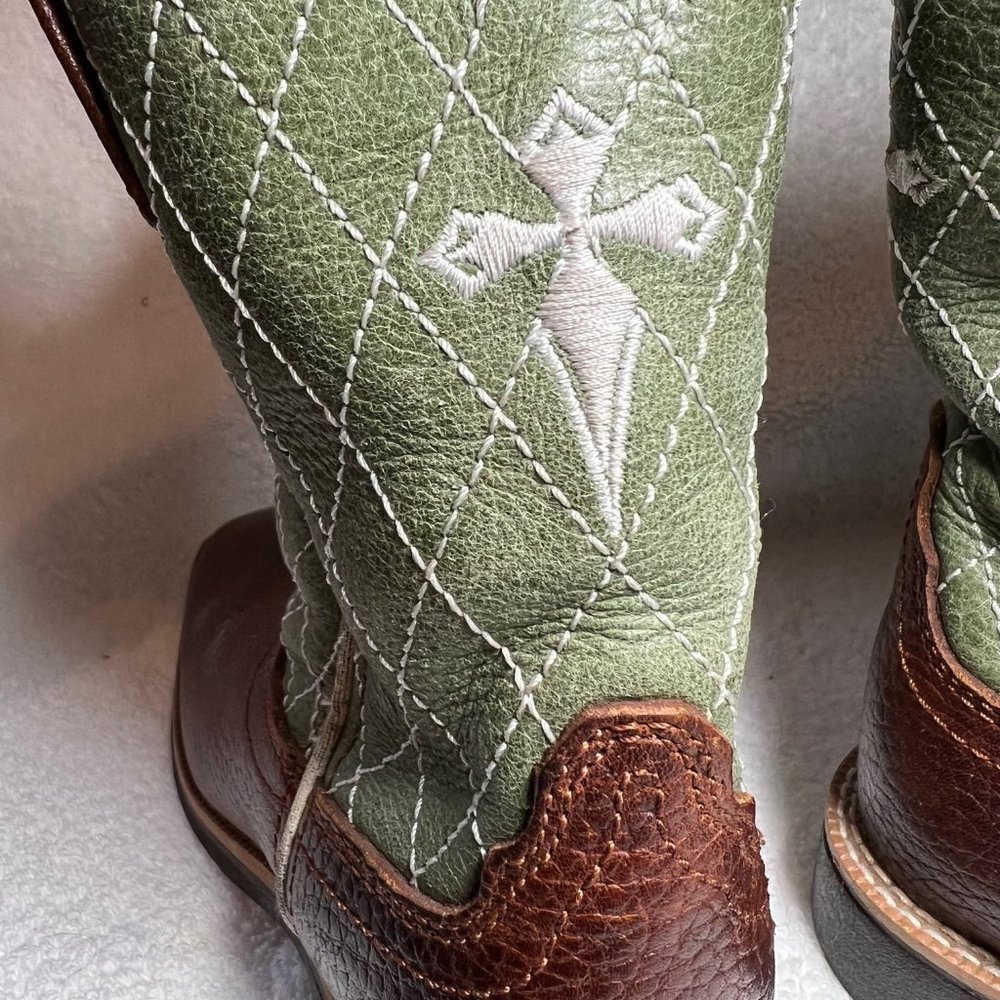 Twisted X Brown & Green Cross Leather Cowboy Boots-Pull on-Embroidered- - Picture 8 of 12